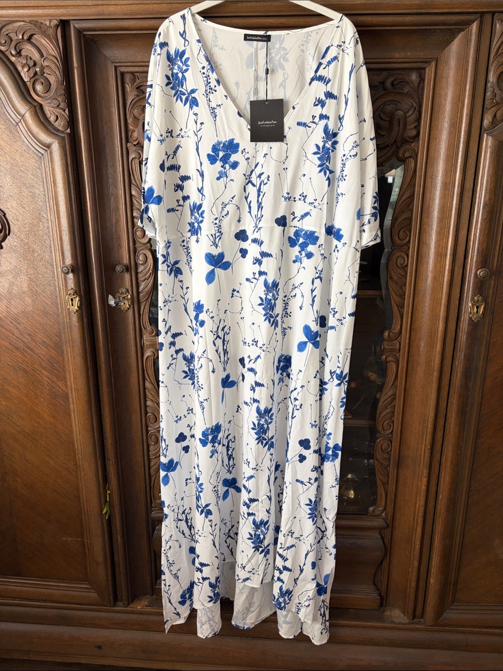 Isabella Oliver White Maxi Dress with Blue Floral Pattern